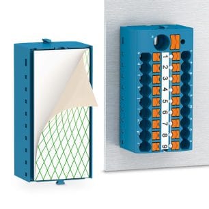 Een blauw Phoenix Contact-verdeelblok met 19 aansluitingen.