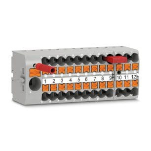 Een grijs Phoenix Contact-verdeelblok met 25 aansluitingen.