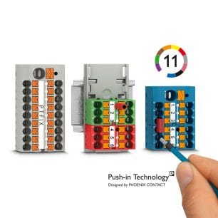 Diverse gekleurde (grijs, groen, rood, blauw) Phoenix Contact push-in-verdeelblokken.