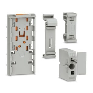 Een grijze Phoenix Contact-adapter ontworpen voor het monteren van verdeelblokken op een DIN-rail.